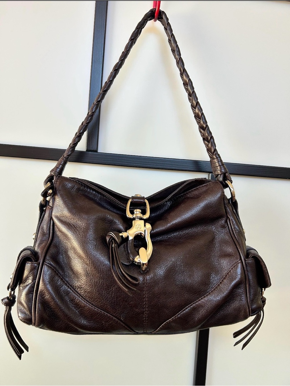 Francesco Biasia Dark Brown Leather Braided-strap Shoulder Bag